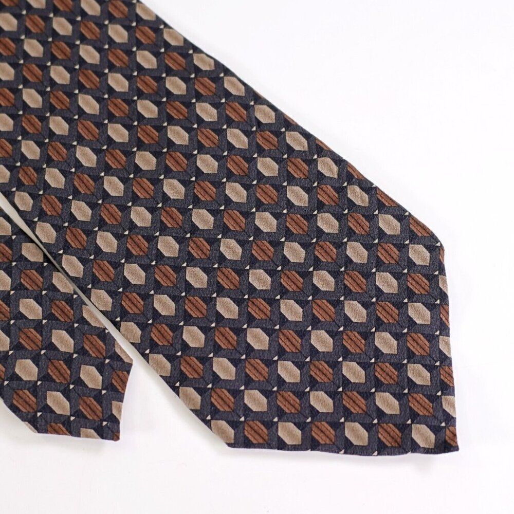 Croft & Barrow‎ Gray Brown Tan Geometric Print Wide Silk Tie